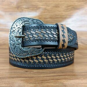 Western Leather Belt | Beautiful Hand-Tooled Basketweave Belt, Gift for Unisex